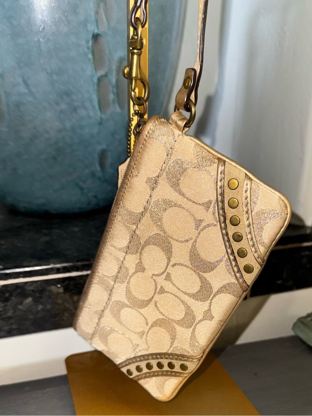 New NWT Coach Gold Lurex Signature & Patent Leather Checkbook Clutch Wristlet